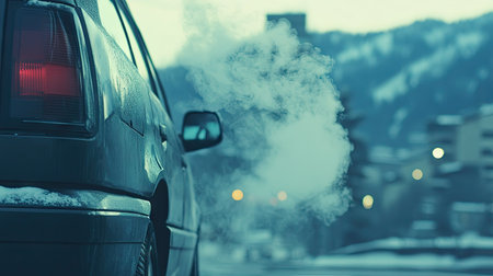 Heavy exhaust smoke from a car parked near a school zone, emphasizing pollution in spaces frequented by children and familiesの素材