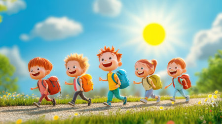 Kids with backpacks walking in a row down a sunny path to school, their cheerful expressions showing excitement for the dayの素材