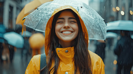 A woman in a vibrant yellow raincoat smiling as raindrops fall around her in a busy city street, holding an umbrella and enjoying the momentの素材