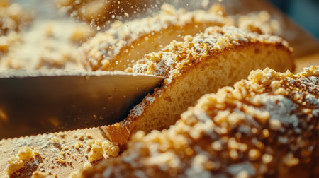 Close-up of a knife slicing through fresh bread on a wooden cutting board, with crumbs scattered around, inviting to tasteの素材