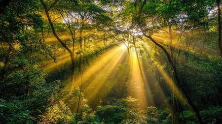 Sunlight breaking through tall rainforest trees, casting a golden light on lush green leaves in a tranquil, vibrant jungleの素材