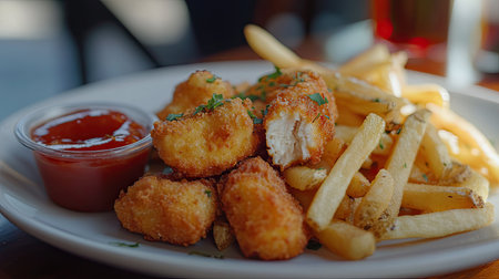 Close-up of a plate with chicken nuggets and French fries, with ketchup and mustard sauces, sprinkled with herbsの素材