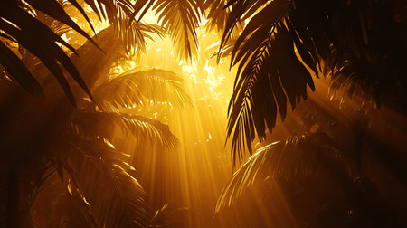 Low-angle view of sunlight streaming through rainforest leaves, illuminating each layer of foliage in warm, golden huesの素材