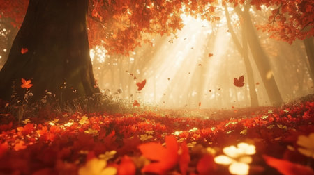 Quiet forest glade in autumn, with red and orange leaves carpeting the ground, sunlight filtering through branches for a magical effectの素材