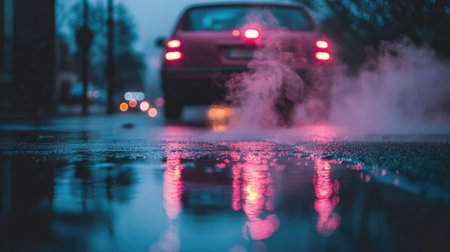 Smoky car exhaust on a rainy day, with raindrops reflecting off the pavement, emphasizing pollution even during wet weatherの素材