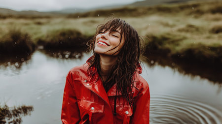 Smiling woman in a red raincoat standing near a small pond on a rainy day, her reflection visible in the water as raindrops rippleの素材