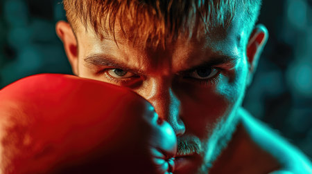 Boxer with one gloved fist raised near face, staring directly into the camera. Lighting highlights their serious, determined look.の素材