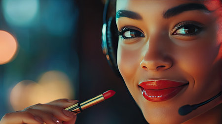 Close-up of a professional woman in headset, smiling slightly as she applies lipstick. Background softly blurred for emphasis on her face.の素材