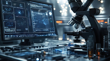 Close-up of a microscope with nanotechnology samples, high-resolution digital screens, and precision lab equipmentの素材