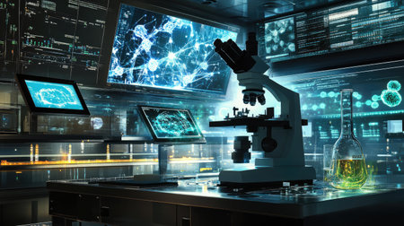 High-powered microscope in a nanotechnology lab, focused on samples, with molecular visuals on adjacent digital displaysの素材