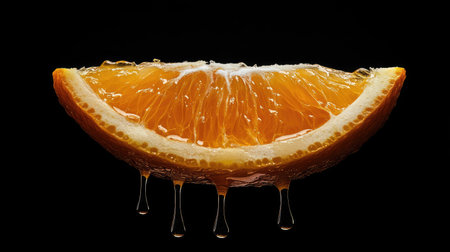 Halved orange with juice dripping down, set against a black background, capturing the freshness and appeal of the citrusの素材