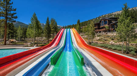 Water park slide with three lanes in bright red, green, and blue, with long, straight stretches for racing down to the poolの素材