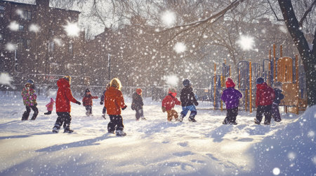 Group of kids in bright winter clothes, joyfully playing on a snow-covered playground, with snowflakes softly falling around themの素材