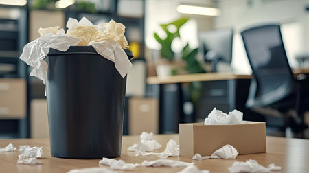 Used tissue paper scattered around a trash can in an office, with a box of tissues on a desk, suggesting an unwell employeeの素材