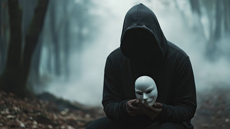 Hoodie-wearing figure holding a white mask in a misty setting, with light and shadow adding an eerie, suspenseful toneの素材