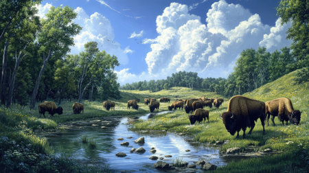 Herd of bison grazing near a shallow stream, with the water reflecting the blue sky and lush greenery in a serene natural settingの素材