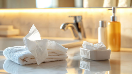 Used tissue paper on a bathroom counter, with a hand towel, liquid soap, and fresh tissues nearbyの素材