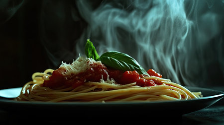 Hot spaghetti with rich tomato sauce, steam rising from the plate, with fresh basil leaves and grated cheese, on a moody dark backgroundの素材