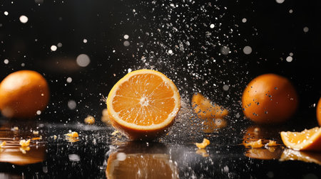 Whole orange and orange slices spread across a black surface, creating a vibrant contrast between the dark background and the fruitの素材