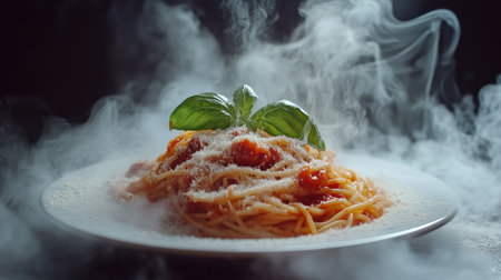 Hot spaghetti with rich tomato sauce, steam rising from the plate, with fresh basil leaves and grated cheese, on a moody dark backgroundの素材