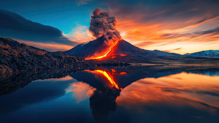 An erupting volcano with lava glowing brightly, reflected in a nearby lake.の素材