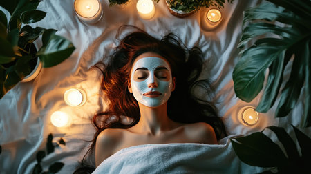 Woman with a facial sheet mask lying on a bed, surrounded by candles and plants, with a relaxed and tranquil expressionの素材