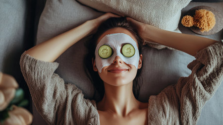 Woman in a sheet mask with cucumber slices on her eyes, lying back on a sofa, surrounded by spa products in a cozy home settingの素材