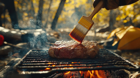 A beef steak being basted with a brush while grilling over an open fire, surrounded by camping equipment.の素材