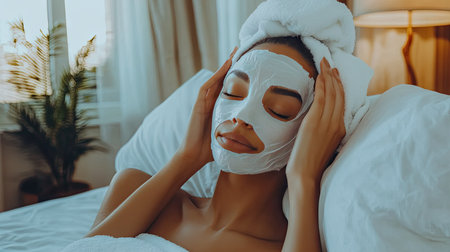 Woman with a sheet mask and towel wrapped around her head, resting on a pillow in a peaceful bedroom, embracing a self-care dayの素材