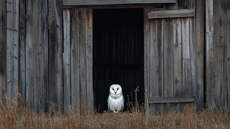 A barn owl sitting in the opening of an old wooden barn, its white feathers contrasting against the rustic wood.の素材