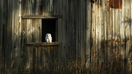 A barn owl sitting in the opening of an old wooden barn, its white feathers contrasting against the rustic wood.の素材