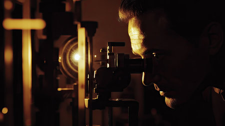 An optometrist performing a slit-lamp examination, with the equipment illuminated in a darkened room.の素材