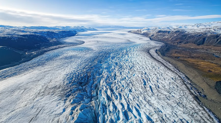 An aerial shot of a glacier with sprawling cracks and crevasses, flowing towards the sea.の素材