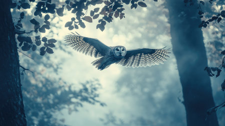 An owl's wings extended mid-flight in a foggy morning forest, with light filtering through the trees.の素材