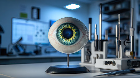An eye model placed on a desk in a vision testing clinic, with instruments and charts in the background.の素材