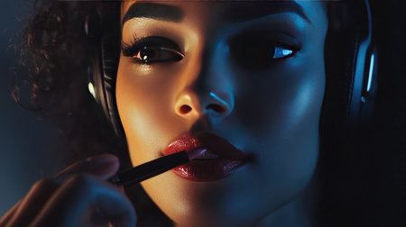 Woman in headset, holding lipstick close to her lips as she applies it carefully. Her focused expression is highlighted in soft light.の素材