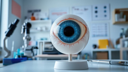 An eye model placed on a desk in a vision testing clinic, with instruments and charts in the background.の素材