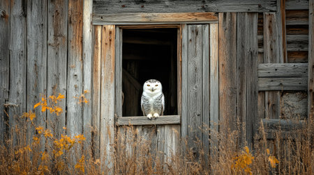 A barn owl sitting in the opening of an old wooden barn, its white feathers contrasting against the rustic wood.の素材