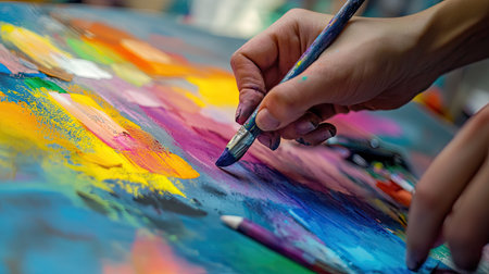 An artist's hand holding a vibrant pastel, blending colors on a sketchpad.の素材