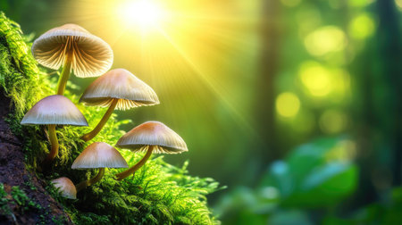 Close-up of small, layered mushrooms growing from a mossy tree trunk, set in a forest with diffused sunlight filtering throughの素材