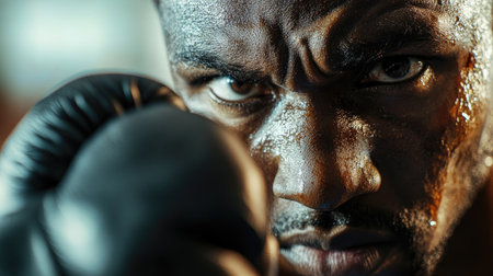 Close-up on boxer's gloved fist aimed forward, face slightly blurred. Glove detail and fierce gaze create a feeling of intensity.の素材
