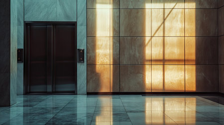 Closed elevator doors with a glossy finish, reflecting subtle surroundings in a contemporary high-rise buildingの素材