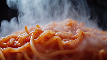 Close-up of steaming hot spaghetti with tomato sauce, the rich red color contrasting beautifully with a dark backdropの素材