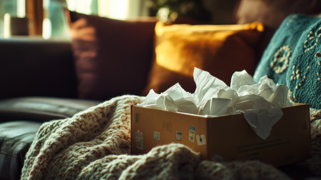 Close-up of used tissues on a couch, with a blanket and a box of tissues nearby, hinting at cold and flu seasonの素材