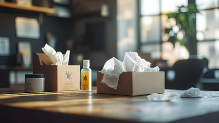 Close-up of used tissue paper on a wooden table, with a box of tissues and a hand sanitizer bottle nearby, in a home officeの素材