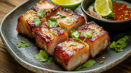Crispy pork belly arranged beautifully on a ceramic plate with a tangy dipping sauce, and colorful garnishes of fresh herbs and lime wedgesの素材