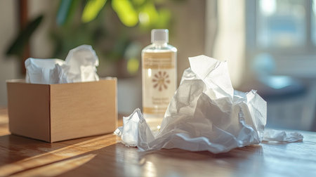 Close-up of used tissue paper on a wooden table, with a box of tissues and a hand sanitizer bottle nearby, in a home officeの素材