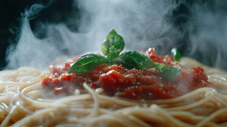 Close-up of steaming hot spaghetti with rich tomato sauce, garnished with fresh basil, on a dark and dramatic backdropの素材