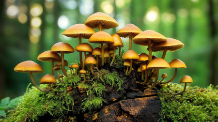 Cluster of mushrooms with brown caps on a tree trunk, surrounded by moss and textured bark in a peaceful, shaded forestの素材