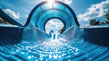 Close-up of the entrance of an enclosed blue water slide, capturing the anticipation of a thrilling descent on a sunny dayの素材